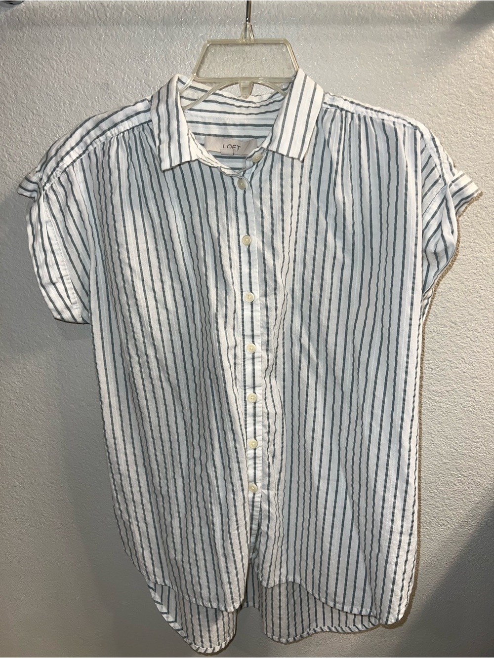 LOFT White Shirt with Navy Vertical Stripes - Short Sleeve Button-Down